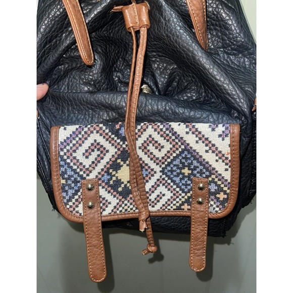 Under One Sky Black Faux Leather Aztec Themed Drawstring Backpack Bag